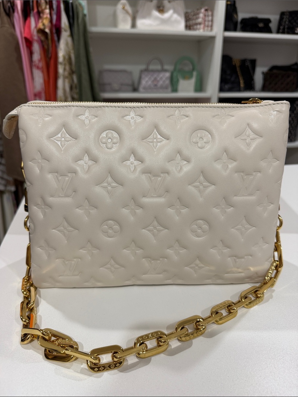 Louis Vuitton Coussin PM Cream Embossed Monogram Crossbody with Gold Chain